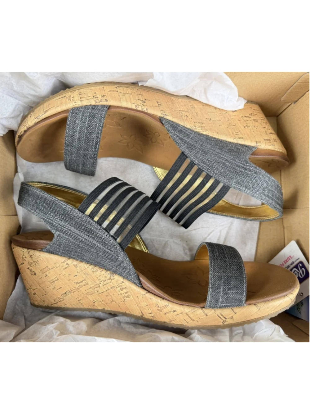 Skechers Womens Size 10 Sandals Wedge Heel Black Denim Cross Strap Luxe Foam
